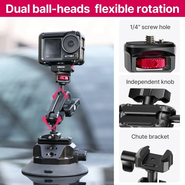 Ulanzi حامل كاميرا هاتف السيارة يعمل  يدوي شفط  360 درجة قابل للتعديل 1/4 "3/8" ل GoPro Insta360 DJI عمل الهواتف الذكية