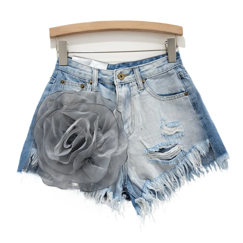 Three-Dimensional Flower Denim Shorts Women's 2024 New American Street Worn Washed-out Frayed A- Line Hot Pants Ins Jean Shorts