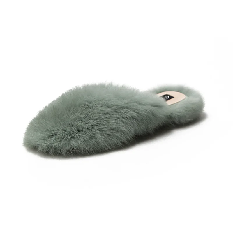 2023 Autumn Winter Rabbit Hair Korean New Baotou Flat Bottom Slippers Popular Same Style Outwear Fur Half Slippers for Women