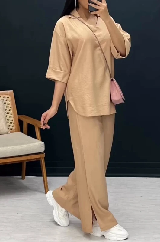 Women's Casual Suit 2024 Spring/summer Latest Solid Color Urban Pants Loose Oversized Temperament Top Split Wide Leg Pants Set