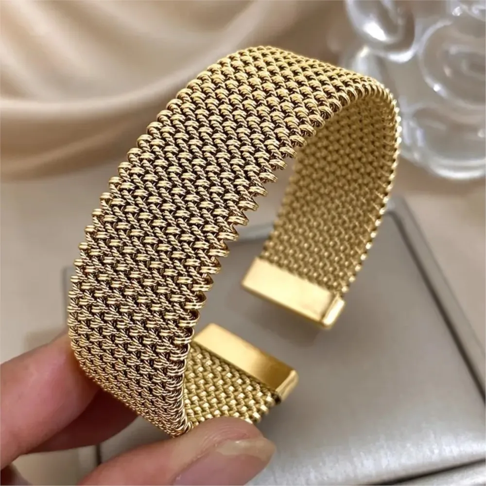 Vintage Stainless Steel Mesh Elegant Cuff Bangle for Women Trendy Stack Bangle Exquisite Jewelry for Brithday Gifts