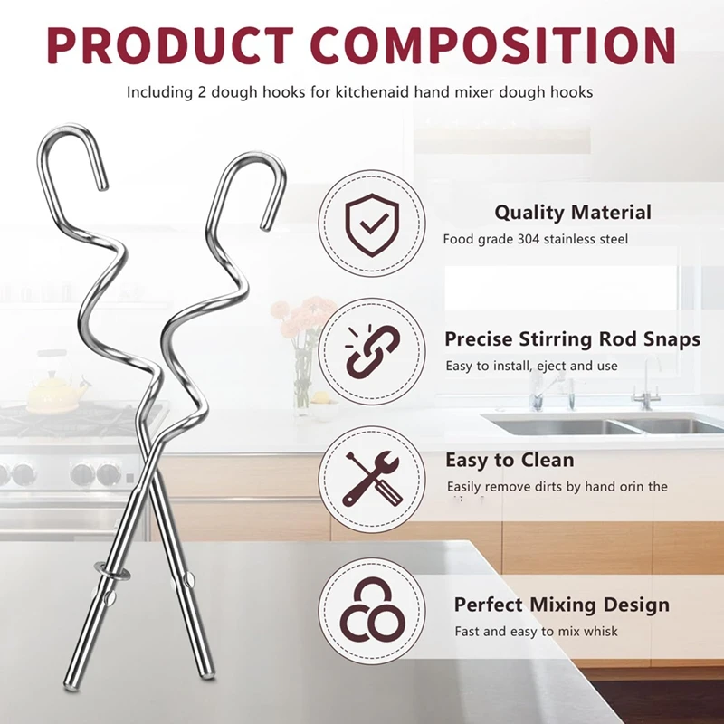 Dough Hook for Hand Mixer Replacement for Kitchenaid Hand Mixer Dough Hooks KHM512 Stainless Steel Hooks