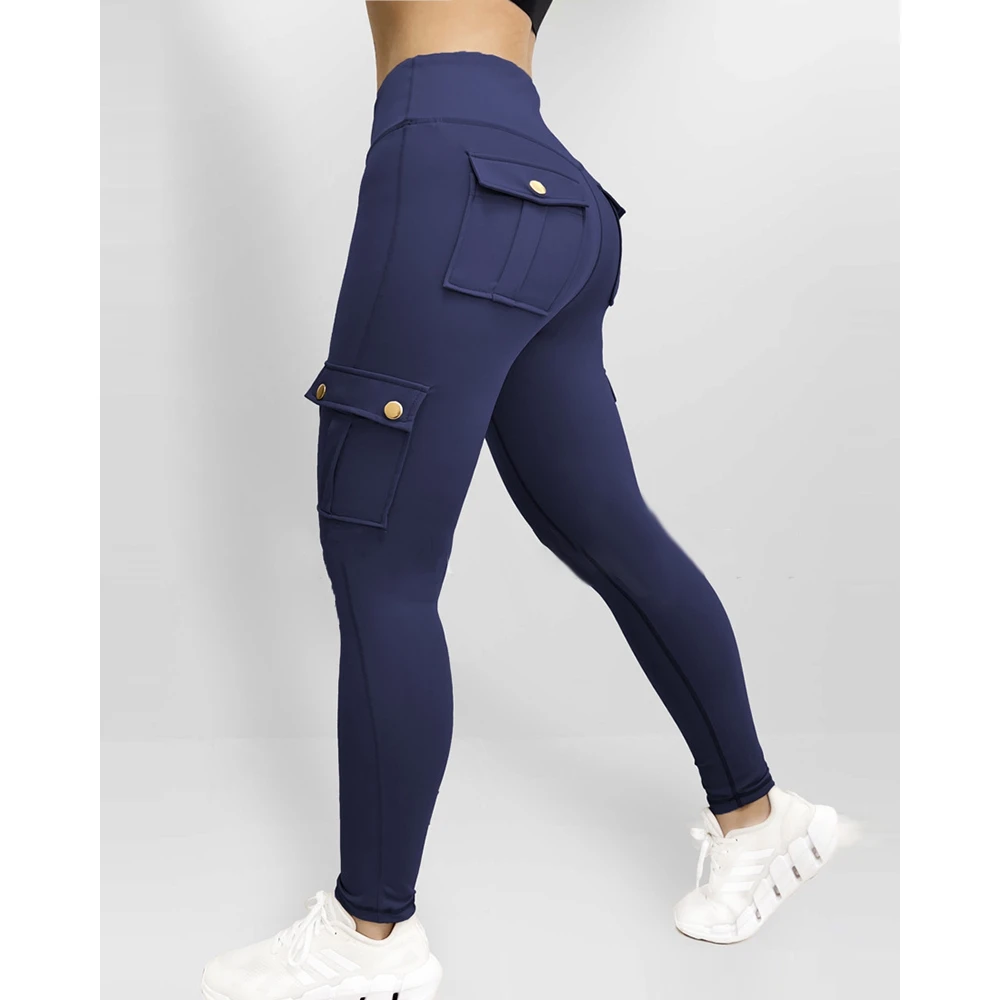 2023 Women Fashion Pocket Design Butt Lifting Active Pants Femme Casual Long Skinny Leggins Lady Cargo Sporty Pants Sportswear