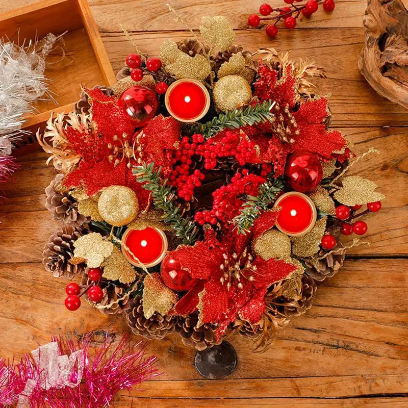 

Christmas Wreath For Table Centerpiece Pinecone Candle Holder Holiday Garland 30cm Cute Decoration With Artificial Red Berries