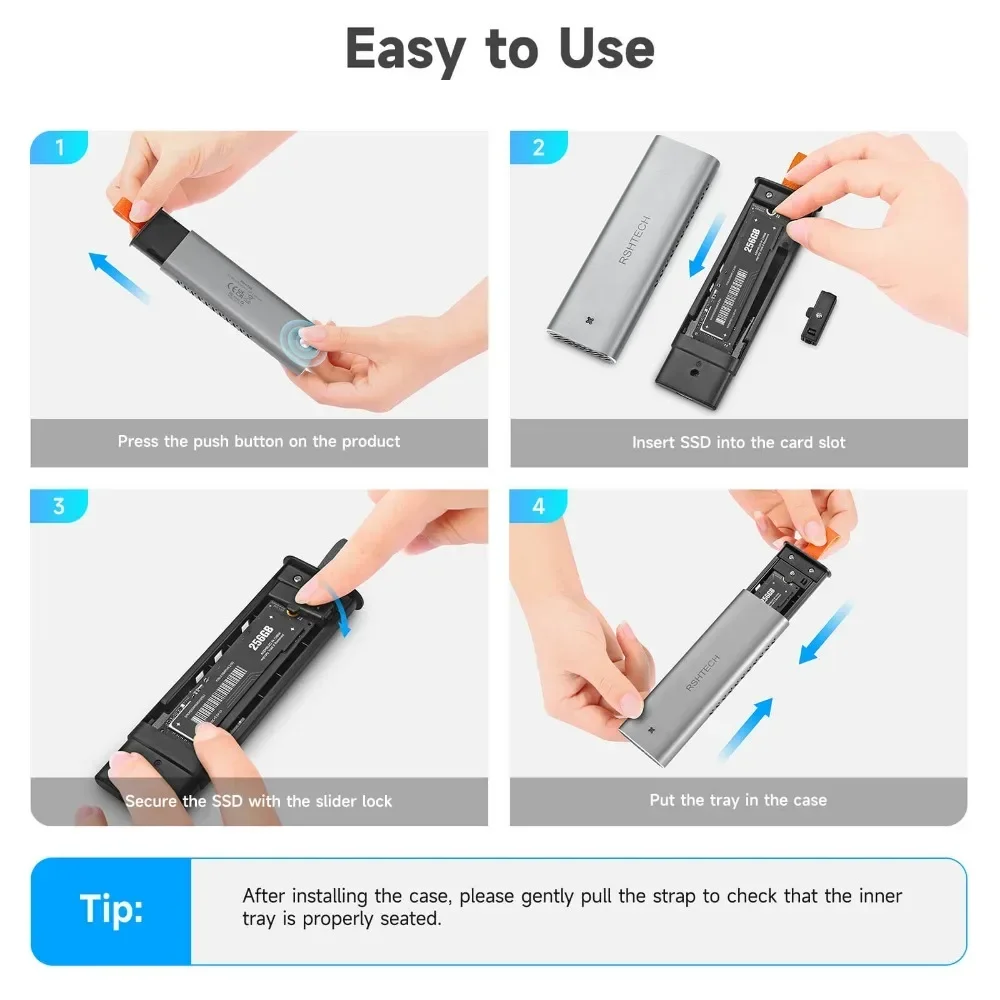 RSHTECH M.2 NVMe SATA SSD Enclosure Aluminum 10Gbps USB 3.1 External NVMe SSD Caddy For PCIe and SATA M-Key(B+M Key) UASP
