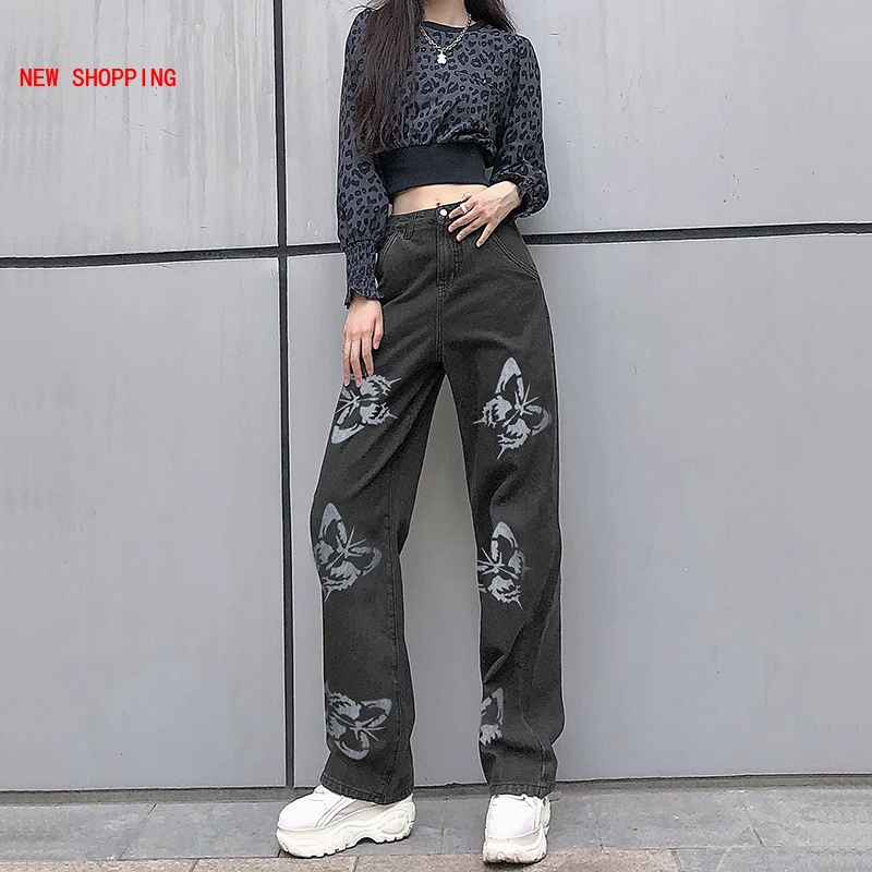 

2022 Spring New Women Butterfly Printed Straight Pants Long Casual Harajuku Denim Trousers Female High Waist Fashion Jeans y2k