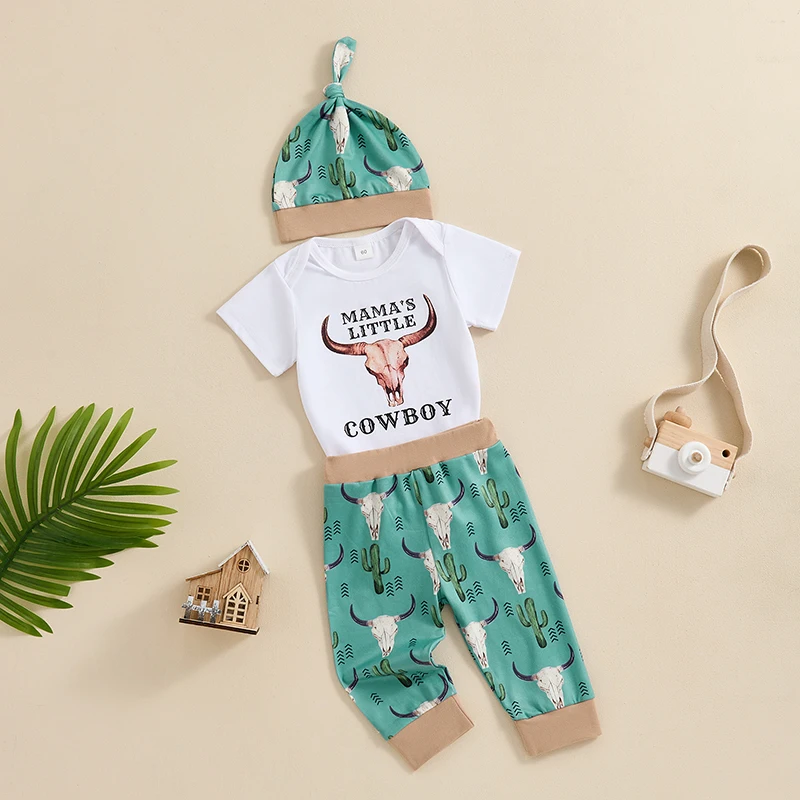 FOCUSNORM Newborn Baby Boys Western Clothes Sets 3pcs Outfit Short Sleeve Letter Cattle Head Print Romper Cactus Pants Hat
