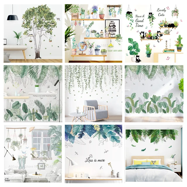 Autocollants muraux fleurs feuilles vertes, Stickers muraux amovibles, pour  salon, chambre à coucher, décor de fond de canapé TV - AliExpress