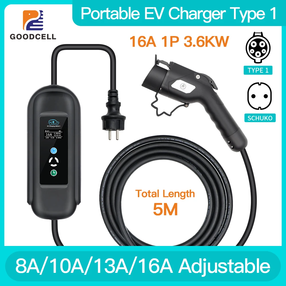 Goodcell Tipo 2 16A Evse Cavo Di Ricarica Type1 Caricatore Portatile Ev 3.6Kw Sae J1772 Eu Plug Controller Wallbox Per Auto Elettrica 5M