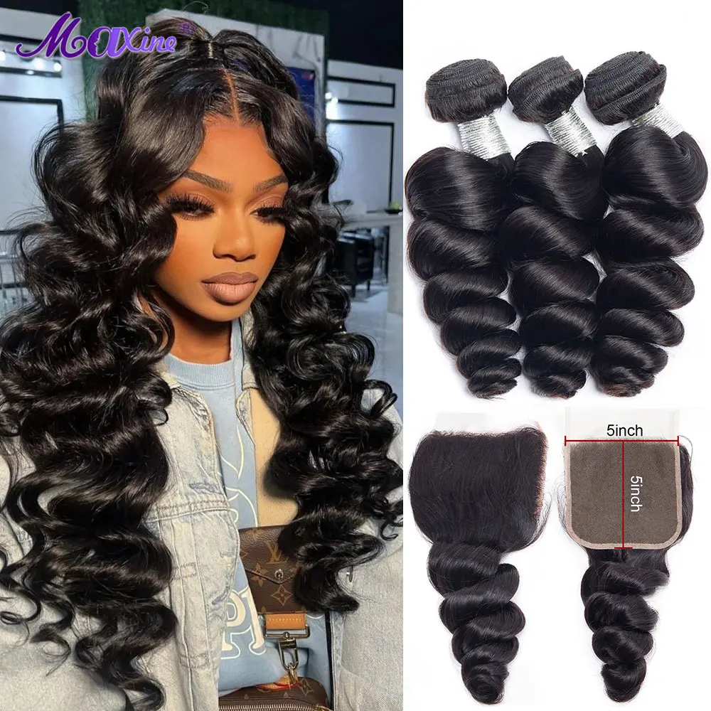 Maxine 5x5 Lace Closure With Bundles Loose Wave Human Hair Bundles With Closure Loose Deep Curly Hair 4x4