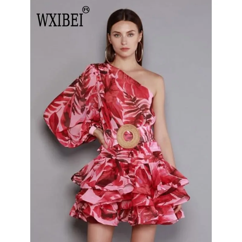 

WXIBEI Sexy Diagonal Collar Long Sleeve Floral Dress Elegant Slanted Shoulder Belt Print Dresses Women Party Club Evening FC906