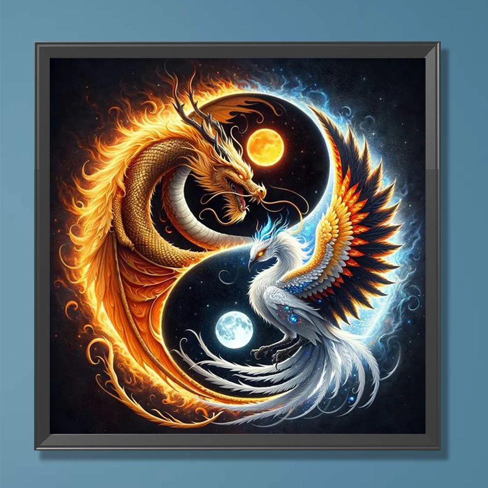 5D DIY Full Round Drill Diamond Painting Fire Dragon Ice Phoenix Decor 30x30cm