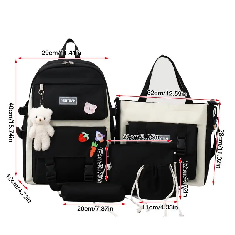 2023 New 5 Pcs Sets Women High School Bags Nylon Kawaii Women Travel Backpack Fashion Book Bags Female with Plush Pendant Cute