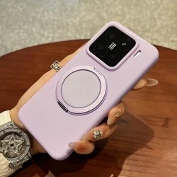 Luxury Liquid Silicone Phone Case with Metal Ring Stand and Shockproof Protection for Xiaomi 14 (Purple)