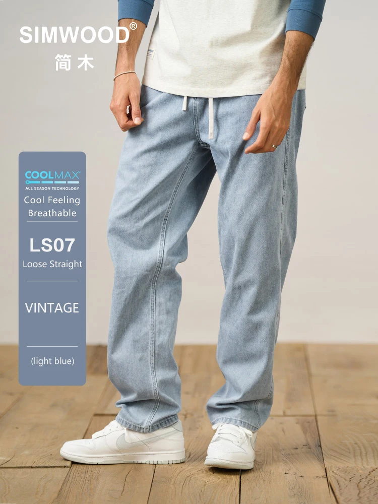 SIMWOOD 남성용 루즈핏 데님 바지, 8.6 oz COOLMAX 원단, 빠른 건조, 시원한 느낌, 경량 워시 빈티지 청바지, 2024 여름 신상