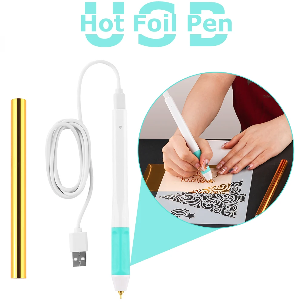 

USB Hot Foil Pen with Gold Heat-activated Foil Roll for DIY Scrapbooking Paper Wood Leather Crafting Project Lettering Foil Pen