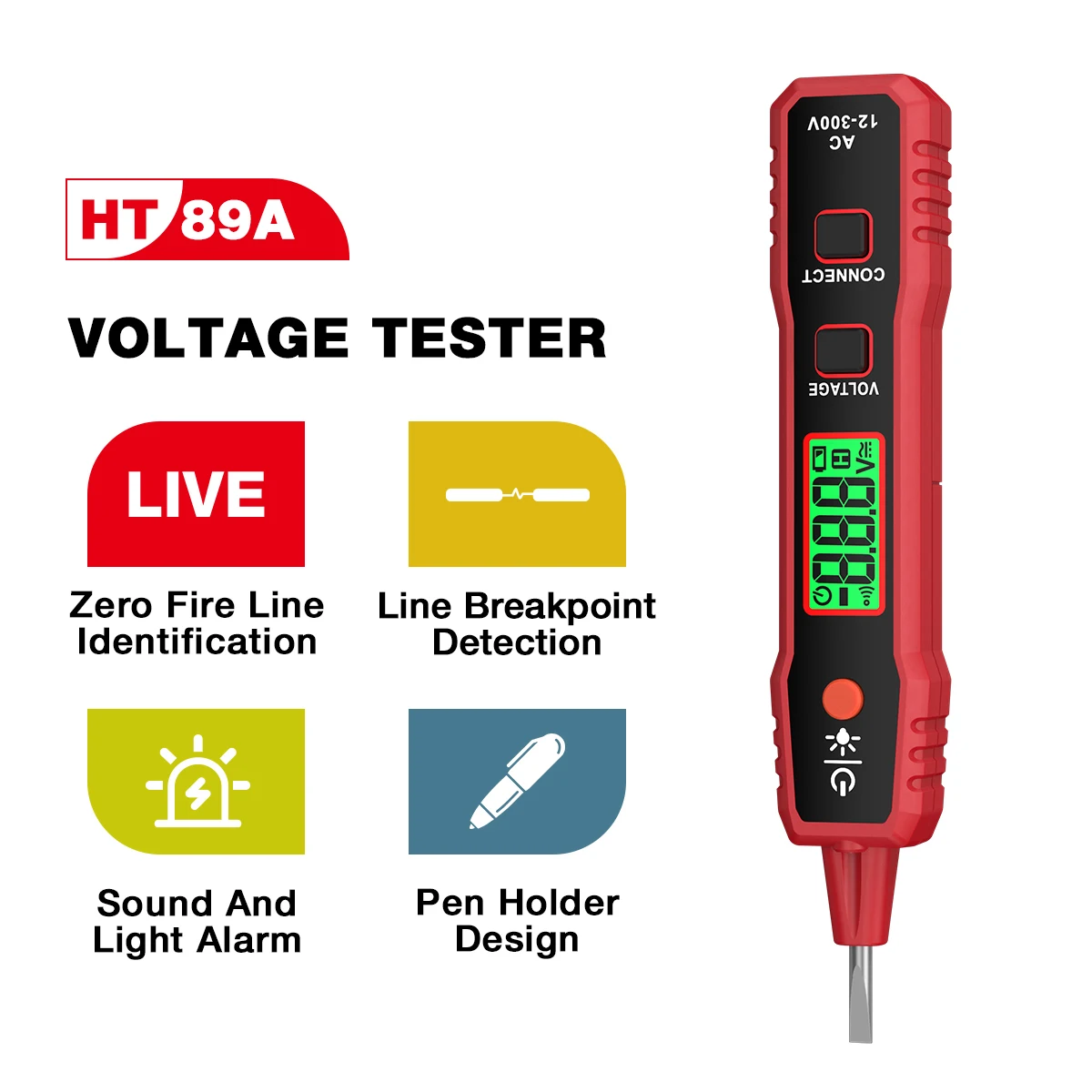 

Детектор напряжения HT89A, 12-300 В переменного тока, бесконтактный Тестер Напряжения для провода под напряжением/нуля, с фонариком, индикатор точки прерывания с ЖК-дисплеем