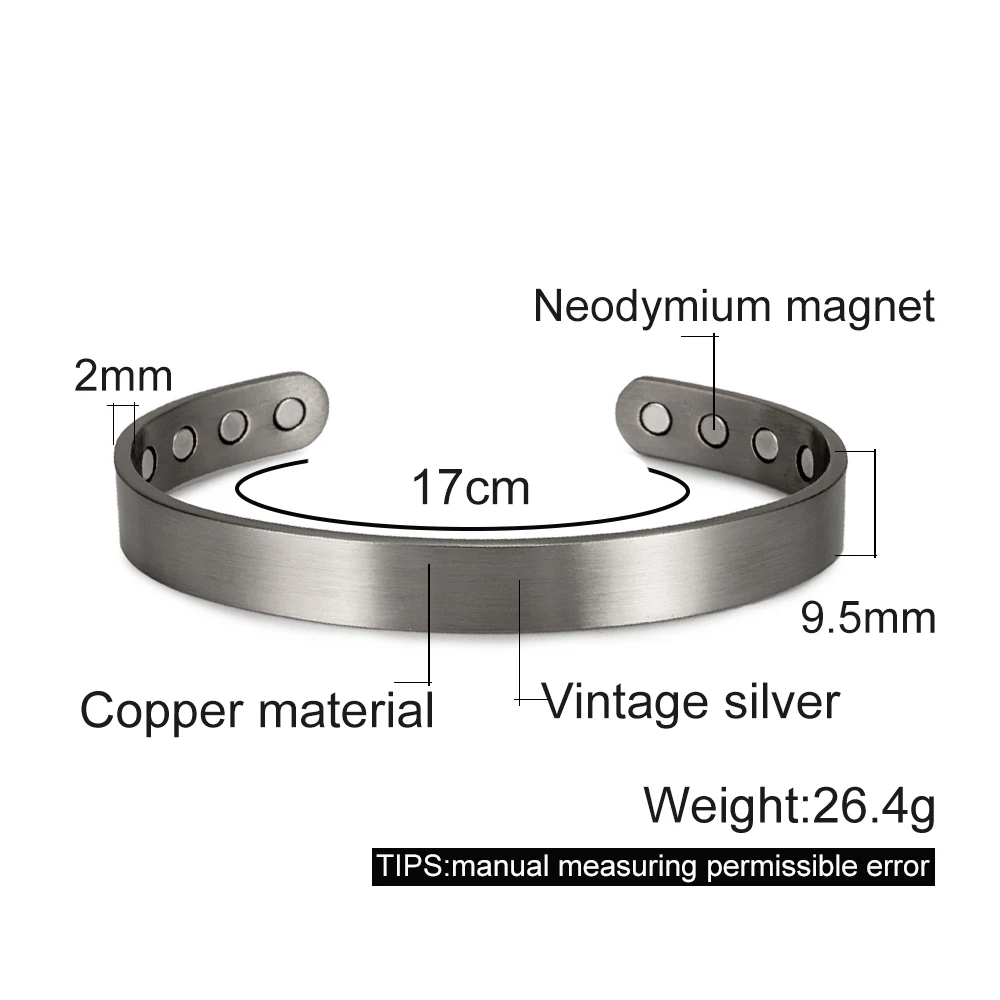 Vinterly Pure Copper Bracelets Men Magnetic 10mm Adjustable Health Energy High Magnets Cuff Bangle Resizable Jewelry Male Metal 6