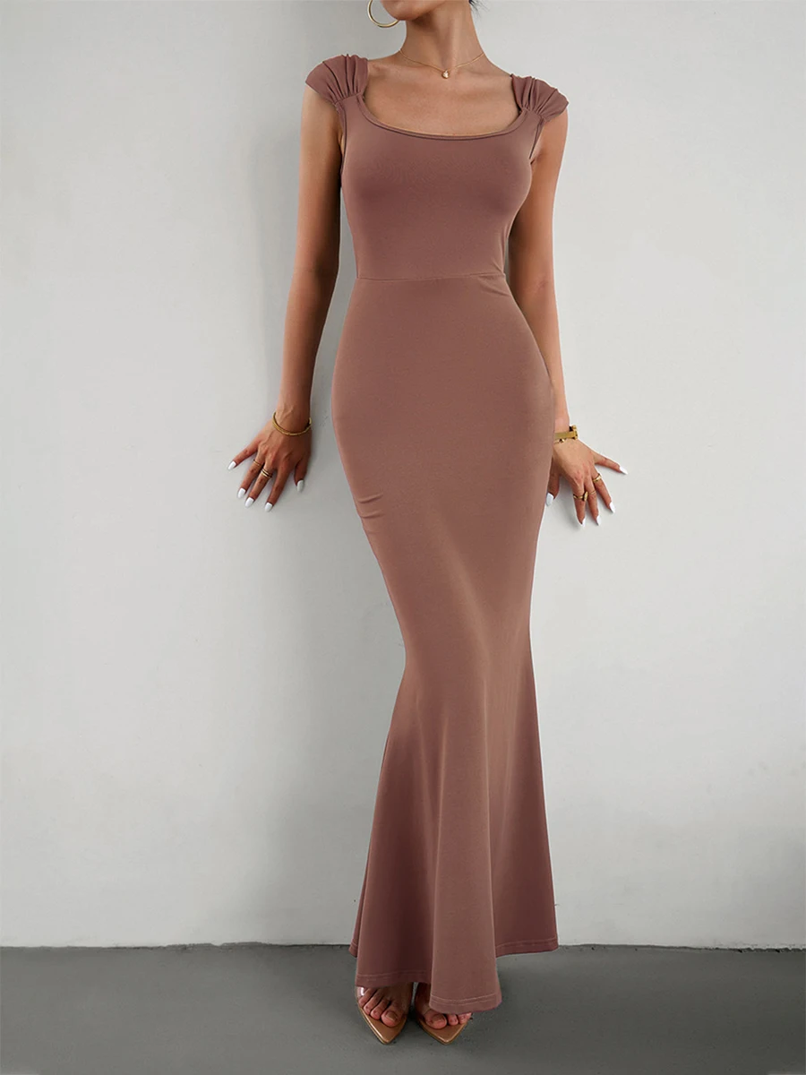 

Women Knit Dress, Cap Sleeve Dress Square Neck Solid Slim Fit Bodycon Dress Long Dress