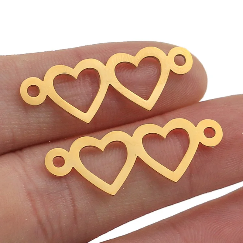 Stainless Steel Gold Double Heart Charm High Quality Connector for Bracelet Necklace Hollow Pendants Diy Jewelry Making 3