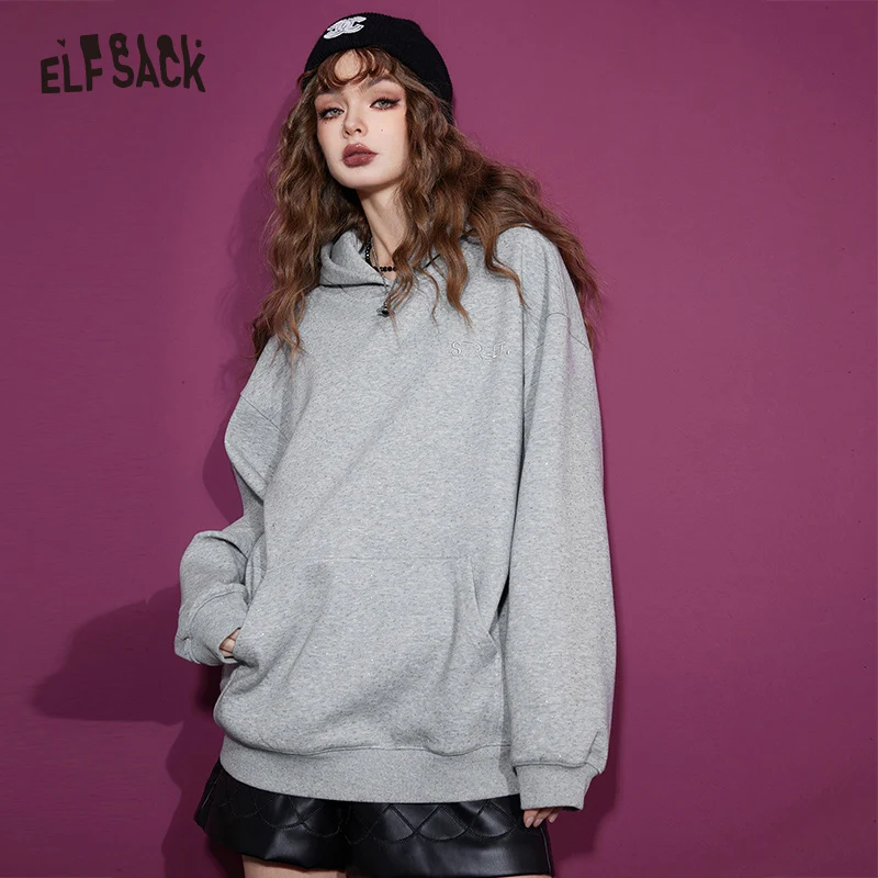 ELFSACK Sparkly Fleece Hoodies Women 2023 Winter New Plus Size Korean Fashion Designer Tops