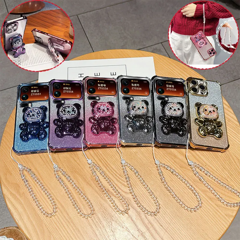 Shockproof Phone Case with 3D Bear Stand and Glitter Crystal Chain Lanyard