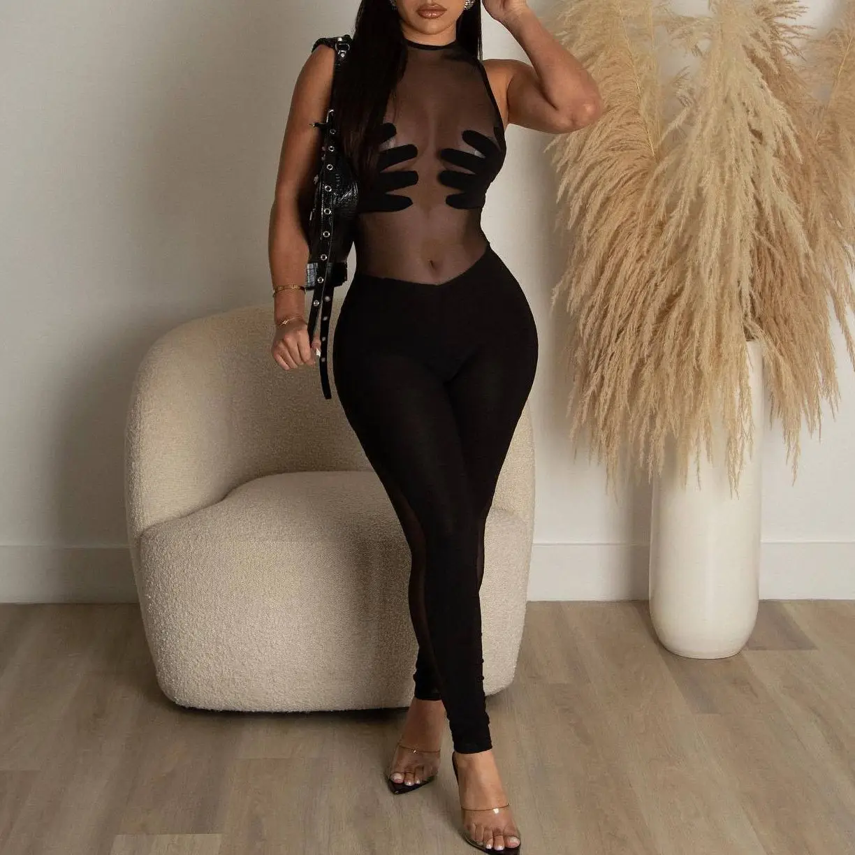 Plus Size Mesh Jumpsuit See Through Sleeveless One Piece Outfit Women Sexy Pencil Pants 2023 Summer Female Fashion Jumpsuits