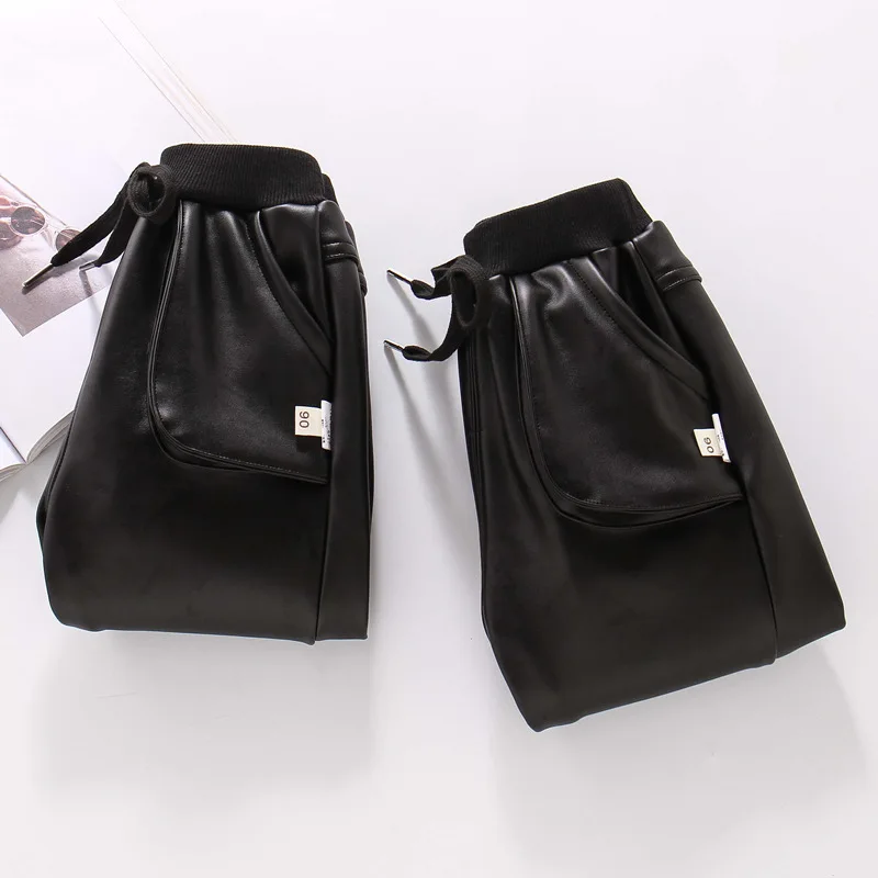 Boys Pants Kids Pants Boys PU Faux Leather Winter Fleece Imitation Leather For Boy Teenage Children Warm Trousers
