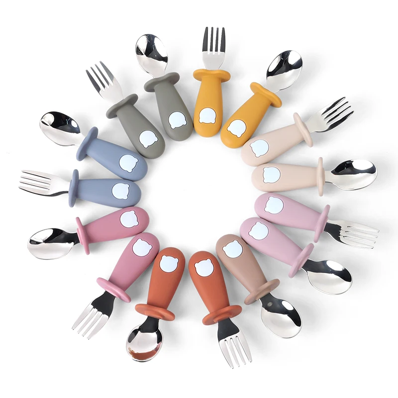 Baby Feeding Solid Food Spoon Fork Set BPA Free Silicone Handle Cartoon Bear Stainless Utensil Children's Tableware 5