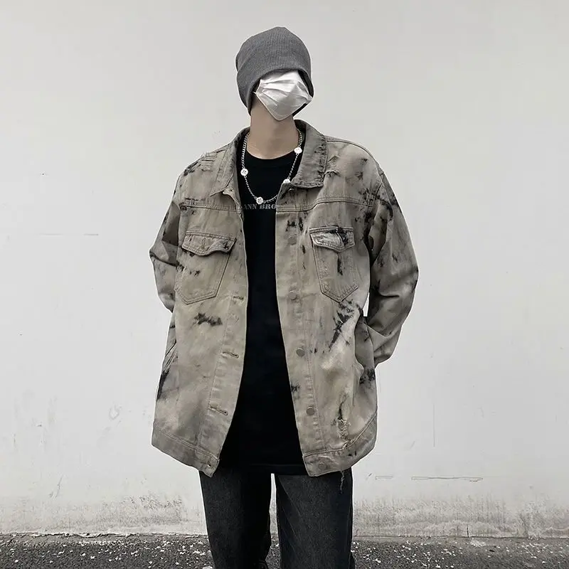 Tie Dyed Black Jacket Men's Spring and Autumn Men's Clothing Jacket Hip Hop Harajuku Street Clothing Fashion Jacket Denim Jacket