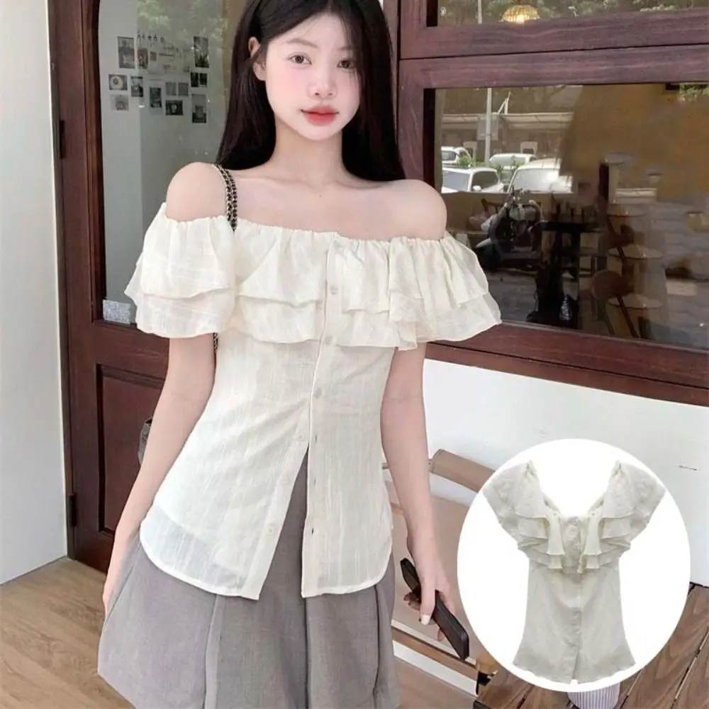 Breathable Boat Neck Off Shoulder Tops Ruffle Shirt Beige Short T-shirts Thin Ins Style Y2K Short Sleeves Tops Travel