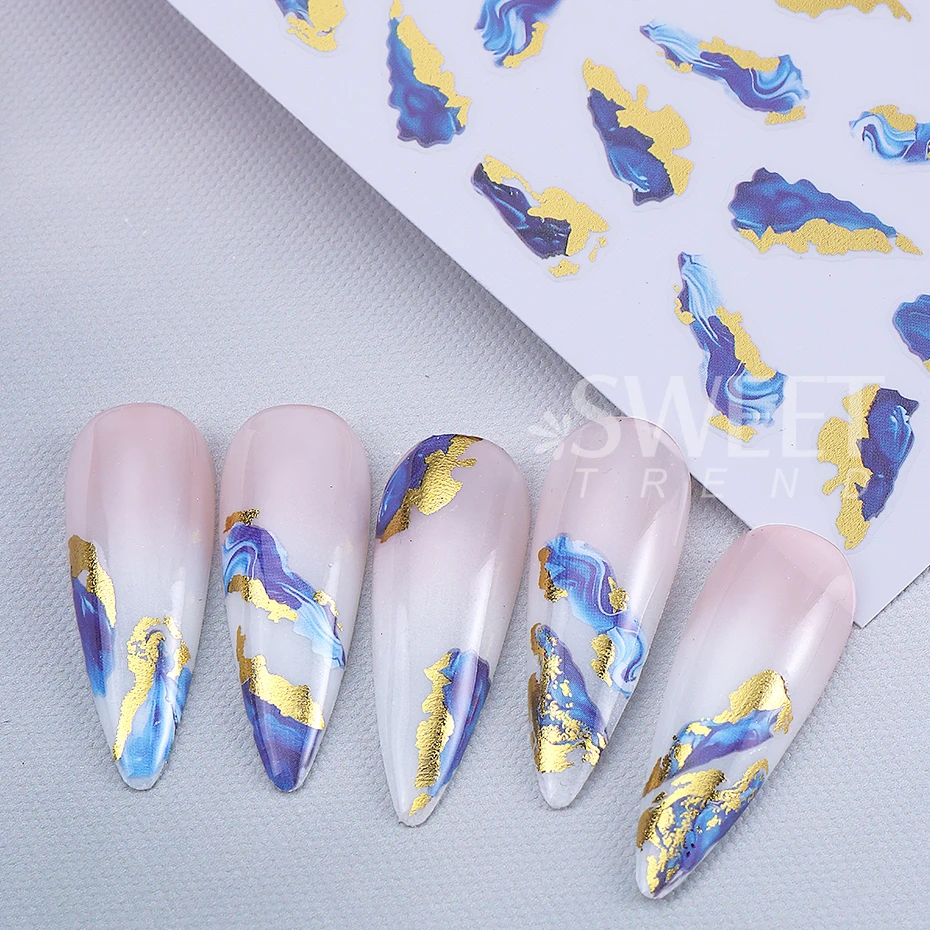 3pcs Blue White Marble Stripe Nail Sticker Gold Foil Wave Line Ink Blooming Irregular Slider Nail Decals Adhesive Manicure Decor