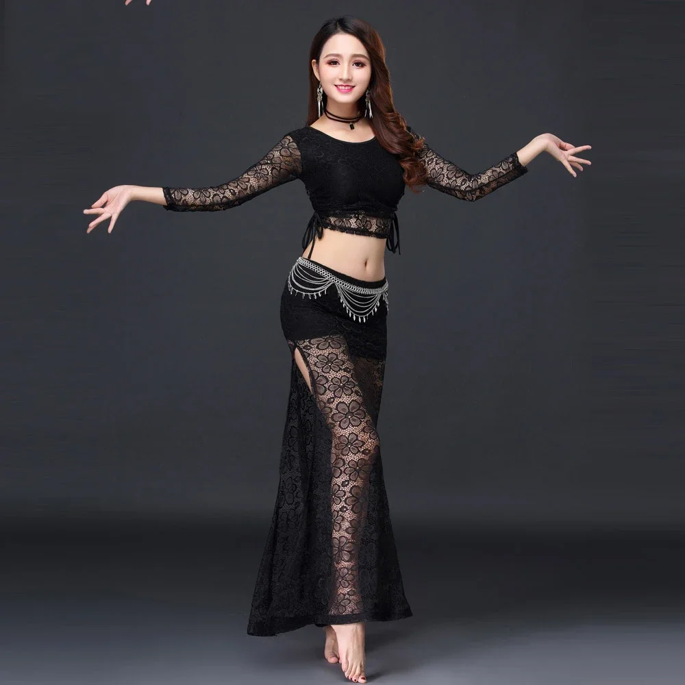 

New Belly Dance Costume Female Elegant Goddess Oriental Dance Training Suit For Women Bellydance Clothing Lace Top Skirt DN9427