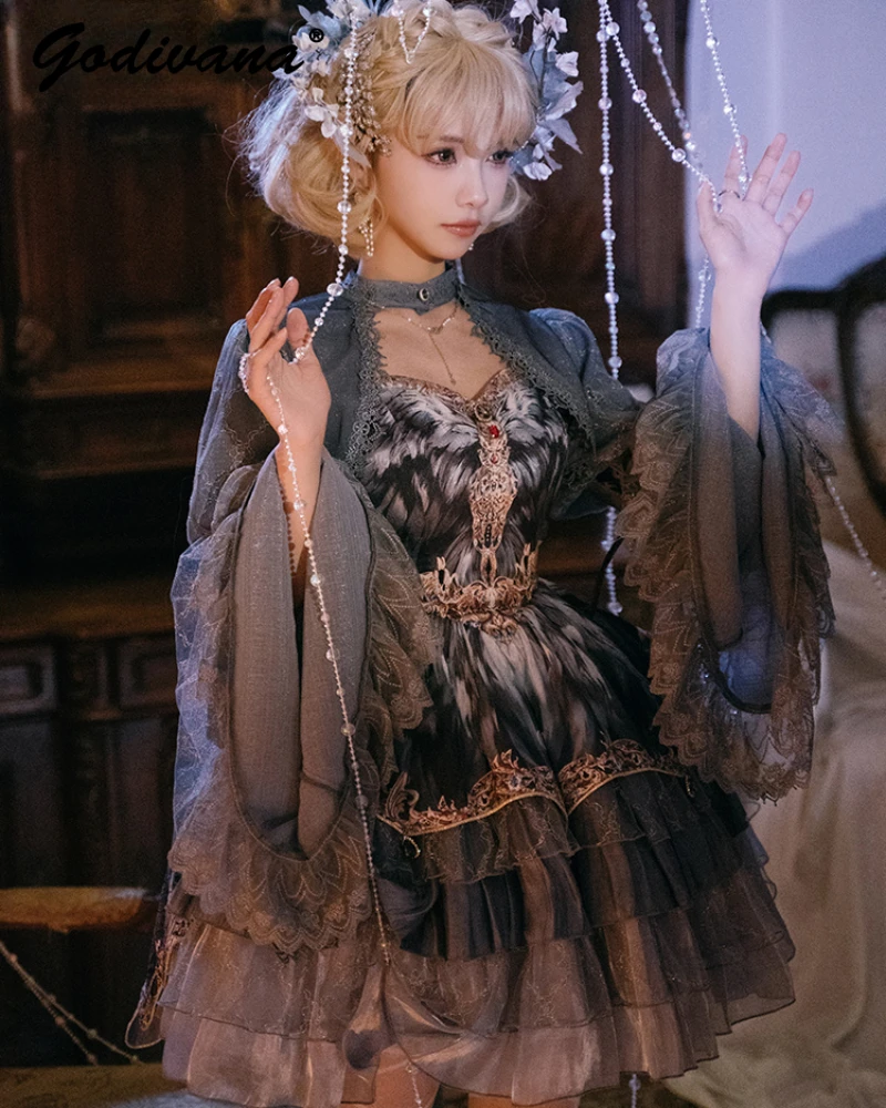 

Original Design Lolita Dress Set New Spring Summer Women's Gray Lace Short Cape JSK Sling Cake Dress Cosplay Fairy Outfits