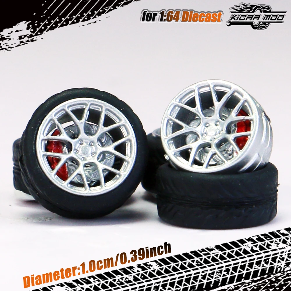 Kicarmod 1/64 Model Car ABS Wheels with Rubber Tire Brake Disc Refitting Parts Diameter 10mm For Model Car Tomica MINI GT