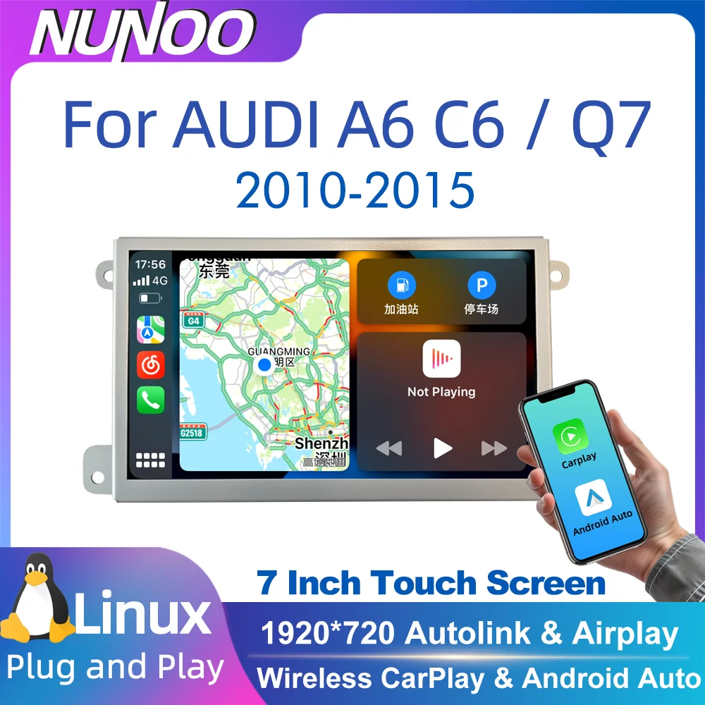 Schermo touch screen wireless da 7 pollici con Carplay e Android Auto per Audi A6 C6 4F Q7 4L, autoradio multimediale con sistema Linux.