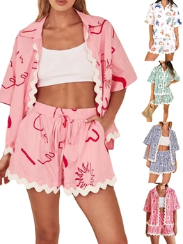 Women s Summer Loungewear Set Fashion Print Short Sleeve Lapel Button T-Shirt with Ric Rac Trim Shorts Sleepwear 3