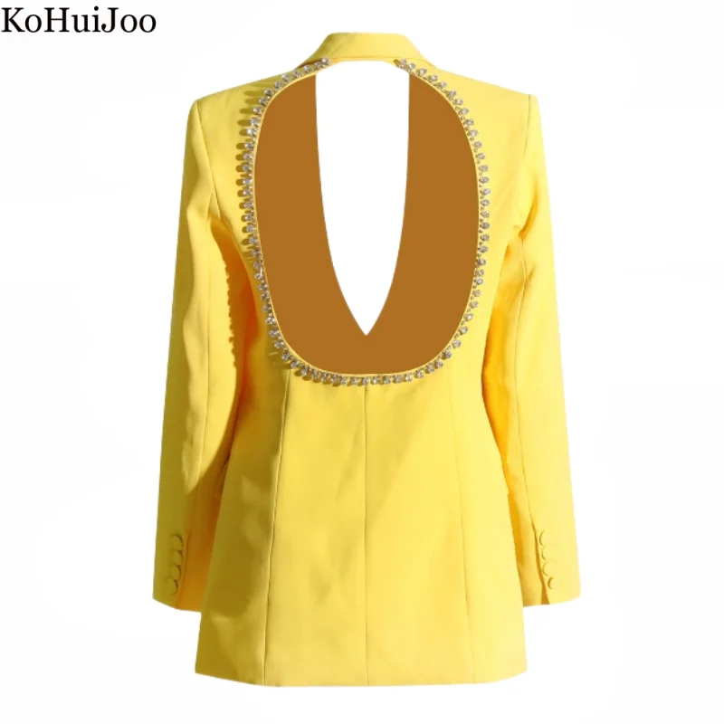 Kohuijoo Yellow Diamond Blazer Women Sexy Backless Rhinestone Design Loose Fashion Ladies Blazers Oversize Female Formal Coat ladies french style white 3d flower loose suit jacket women s 2023 spring new fashion sweet slimming rhinestone blazers coat