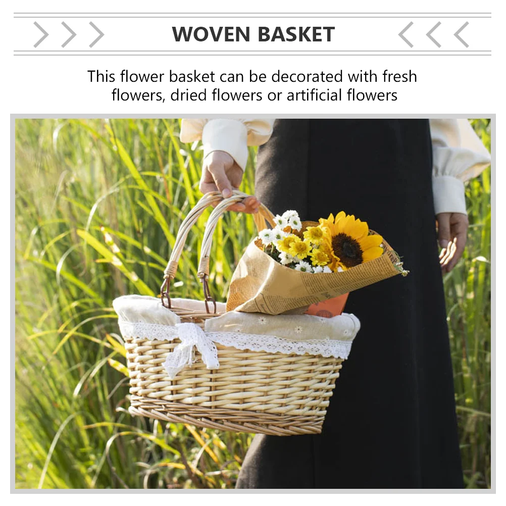 

Generic Oval Picnic Basket Folding Handles Willow Woven Basket Shopping Basket Empty Gift Basket Gardening Baskets Liner Fruit