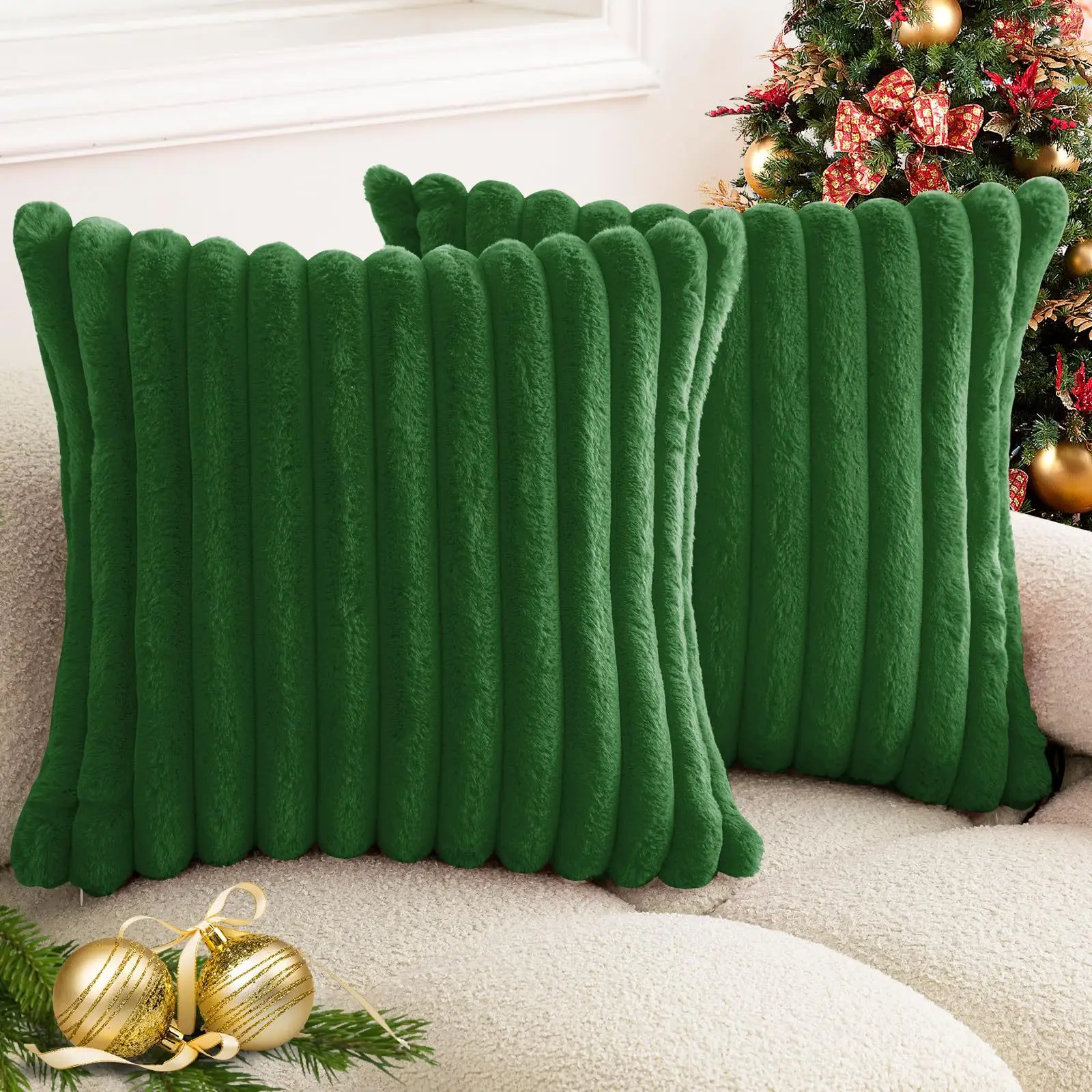 Luxurious Faux Rabbit Fur Striped Cushion Cover – Super Soft Solid Color (24×24 inch)