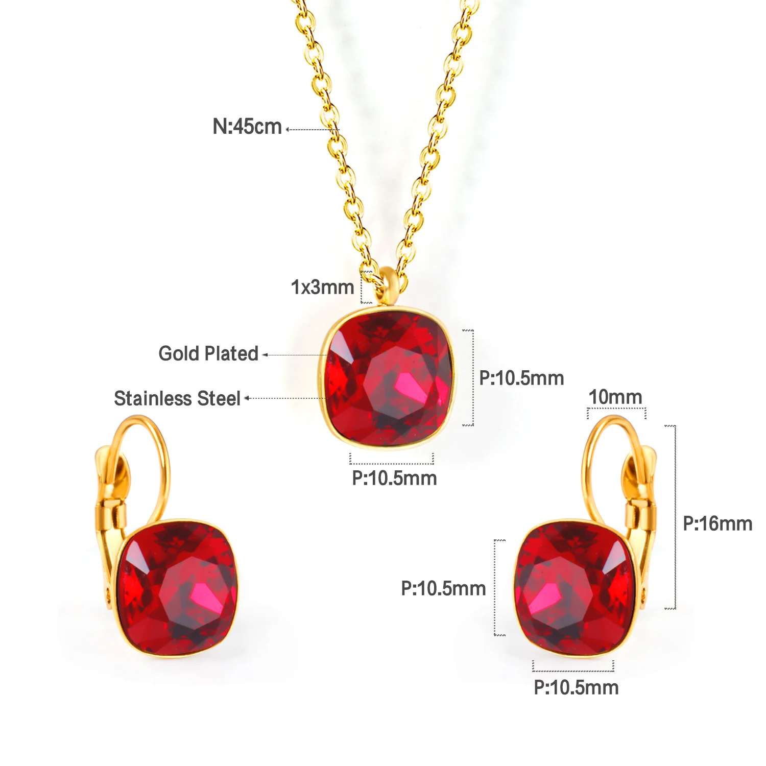 Square Crystal Pendant Necklace Earrings Set Stainless Steel Jewelry Set For Women Party Gift