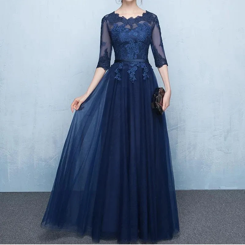 

Elegant Navy Blue Mother of the Bride Dress Formal Party Wedding Fashion Half Sleeves Sheer with Applique Lace-up Back