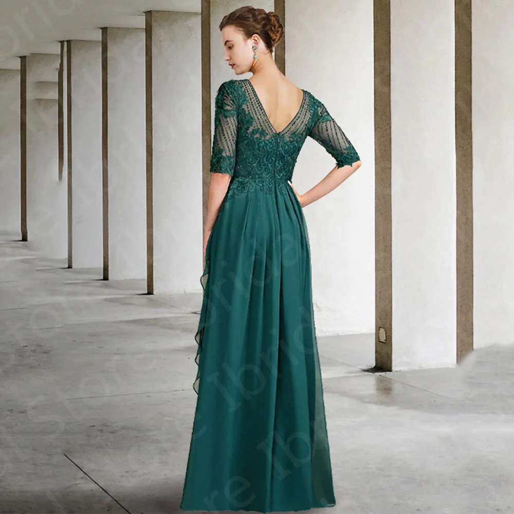 Graceful On Sale Teal Mother of the Bride Gowns Half Sleeves Lace  Dresses Round Neckline Wedding Party  Back Out