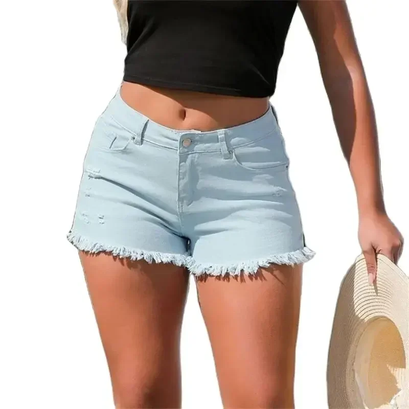 739796-1a62f3.jpg Women Summer Split Tassel Trouser Legs Denim Shorts Vintage Broken Holes Three Quarter Pants Female Casual High Waist Mini Jeans - Image 1