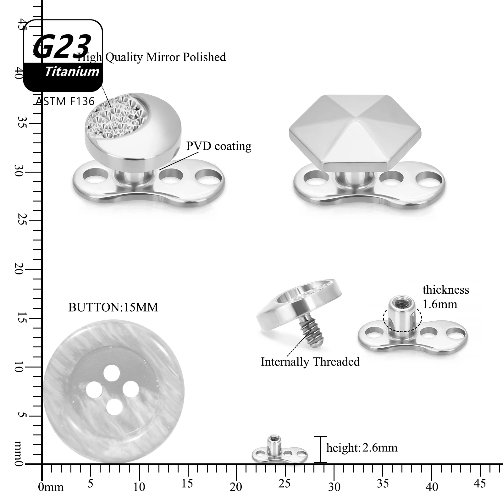 ASTM F136 Titanium 14G 2-Hole Internally Threaded CZ Dermal Anchor Tops and Base Microdermals Piercing 2