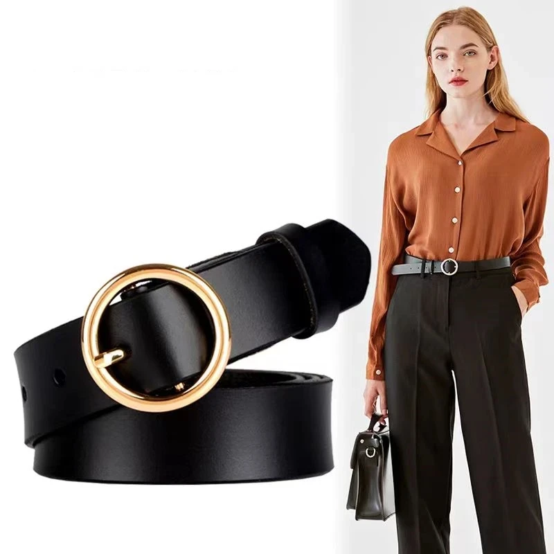 Women Fashionable Genuine Leather Belt  Round BuckleThin With Jeans Cargo Pants Skirt  Belt