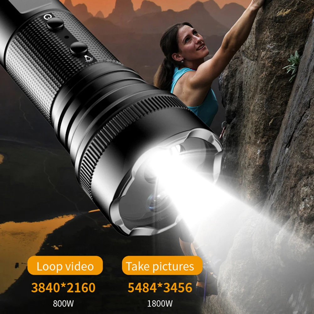 A woman climbs a rock face outdoors as the Outdoor Flashlight SpyCam, featuring a waterproof design, illuminates the scene. Text highlights its impressive 1080p video and photo capabilities.