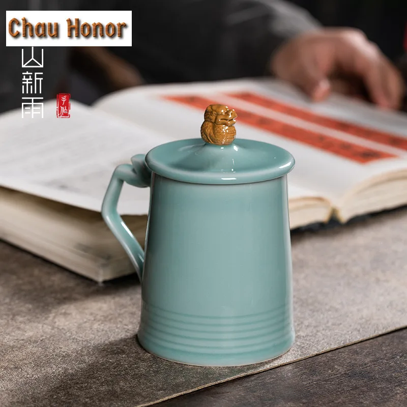 450ml Longquan Celadon Coffee Mug Couple Handgrip Cups Afternoon Tea Mug Water Ice Cold Juice Jug Office Water Cup Drinkware