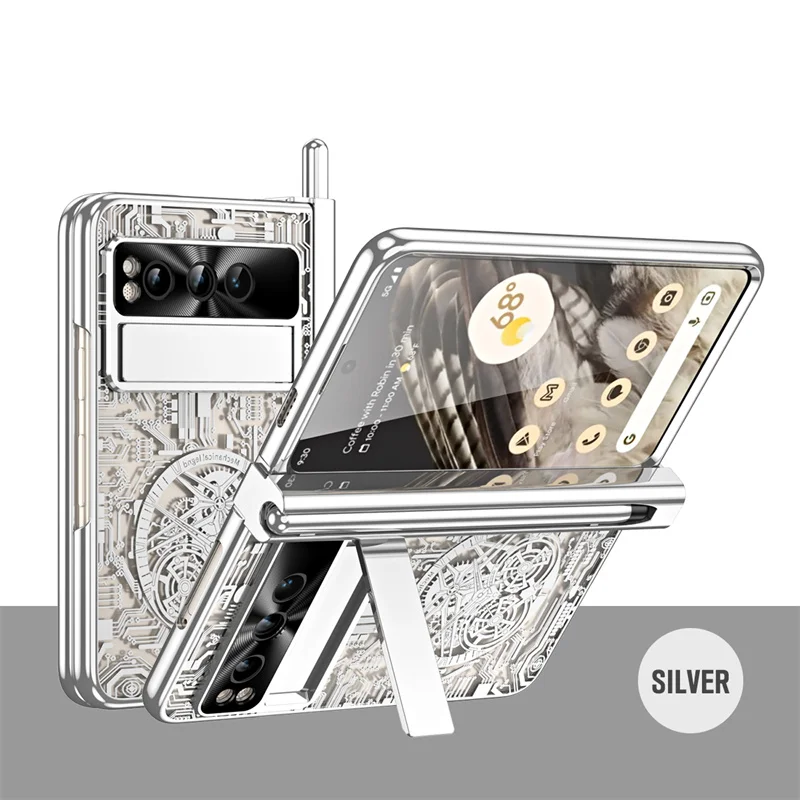 Enhanced Protective Phone Case with S Pen Slot and Tempered Film - Plated PC Hinge Folding Stand Design
