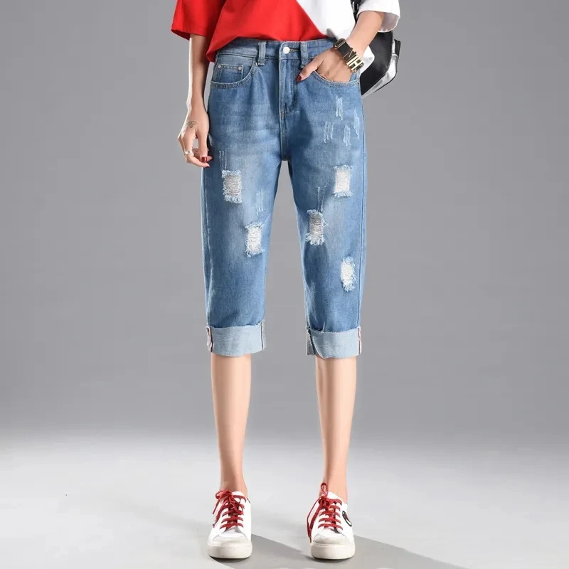 

Ripped Hole Summer Skinny Jeans Women Denim Capris Pants Elastic High Waist Jeans Woman Stretch Slim Jeans Calf Length Jeans